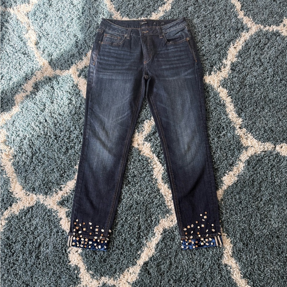 Miss Me Dark Blue Ankle Jeans Bedazzled with Blue Velvet